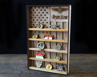 Hanging Wood Military Coin Holder, Engraved military coin holder, coin holder shelf, collectables shelf, American Flag display, Poker Chip