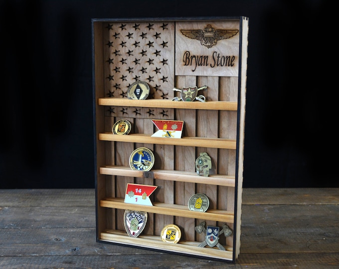 Hanging Wood Military Coin Holder, Engraved military coin holder, coin holder shelf, collectables shelf, American Flag display, Poker Chip