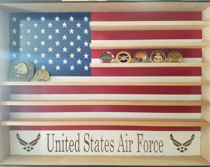 Large Hanging Wood Military Coin Holder, Engraved military coin holder, coin holder shelf, collectables shelf, American Flag display, Poker