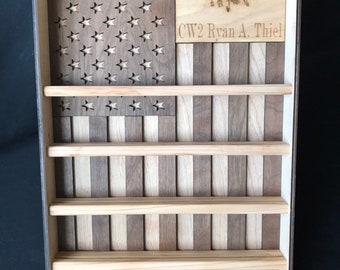 Engraved 3D American Flag Military Coin Holder Shelf