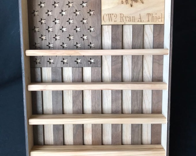 Engraved 3D American Flag Military Coin Holder Shelf