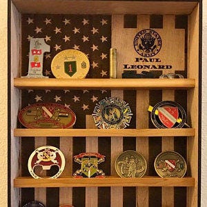 Hanging Wood Military Coin Holder, Engraved military coin holder, coin holder shelf, collectables shelf, American Flag display, Poker chip image 3