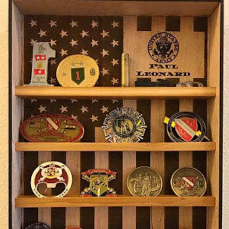 Hanging Wood Military Coin Holder, Engraved military coin holder, coin holder shelf, collectables shelf, American Flag display, Poker chip image 3