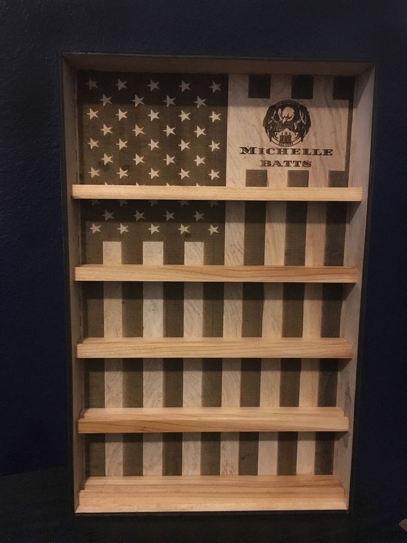 Hanging Wood Military Coin Holder, Engraved military coin holder, coin holder shelf, collectables shelf, American Flag display, Poker chip image 5