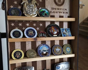 Hanging Wood Military Coin Holder, Engraved military coin holder, coin holder shelf, collectables shelf, American Flag display, Poker chip