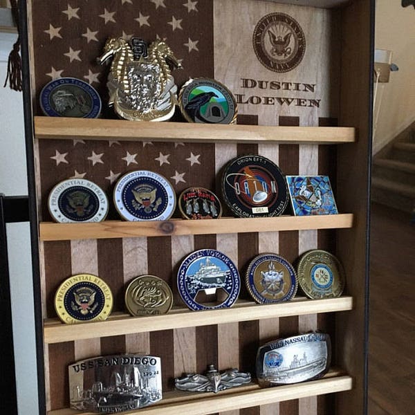 Hanging Wood Military Coin Holder, Engraved military coin holder, coin holder shelf, collectables shelf, American Flag display, Poker chip