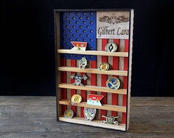Hanging Wood Military Coin Holder, Engraved military coin holder, coin holder shelf, collectables shelf, American Flag display, Poker Chip