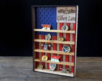 Hanging Wood Military Coin Holder, Engraved military coin holder, coin holder shelf, collectables shelf, American Flag display, Poker Chip