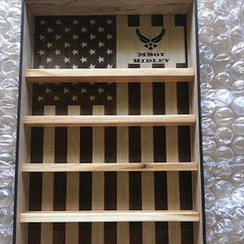 Hanging Wood Military Coin Holder, Engraved military coin holder, coin holder shelf, collectables shelf, American Flag display, Poker chip image 6
