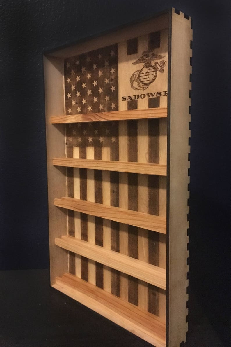 Hanging Wood Military Coin Holder, Engraved military coin holder, coin holder shelf, collectables shelf, American Flag display, Poker chip image 4