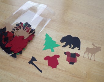 Deer Bears Trees Axe Cake Table Decor Table Confetti Red and Black Plaid Buffalo Plaid Confetti Lumberjack Confetti
