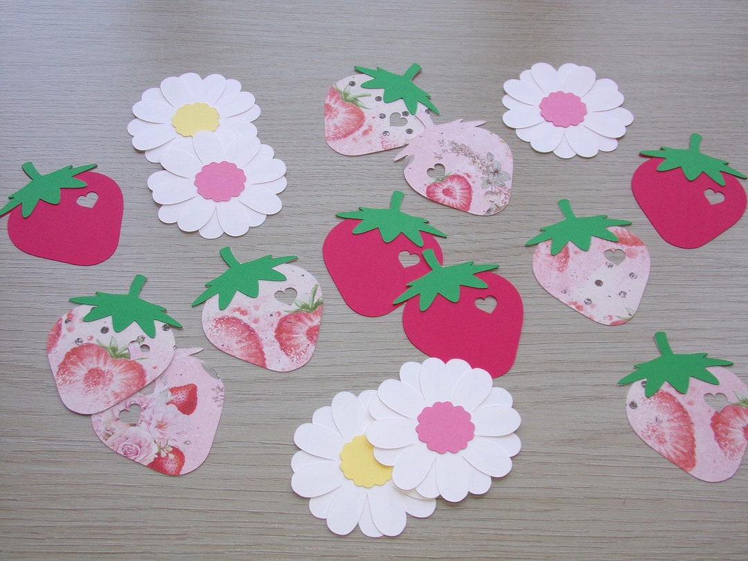 Strawberry Birthday Confetti Strawberries White With Pink and Yellow Flowers 41 Cut Outs