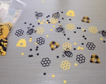 Honeybee Confetti Honeybee, Yellow Black Hives, Yellow and Black Honeycombs 120 Honeybee Confetti Cut Outs. First Bee Day Birthday party