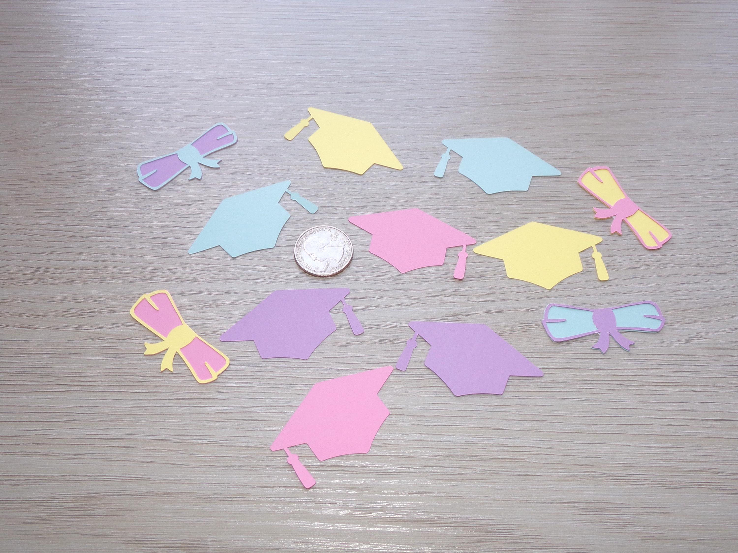 Graduation Confetti: Pastel Pink, Yellow, Blue and Purple Caps and ...