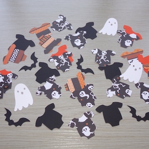 Halloween Ghost Baby Shower Little Boo, Orange and Black Onesie Confetti 100 Cuts Outs Ghost and Bat Confetti Baby Boo Baby Shower
