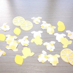 Lemon Baby Shower Yellow Gingham, White and Lemon Onesie Confetti 110 Cut Outs Lemonade Baby Shower Lemon slices