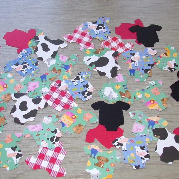 On The Farm Baby Shower Cow Print and Farm Onesie Confetti 100 Cut Outs Farm Animals Cow Pig Barnyard Baby Shower Cow Print Farm Theme