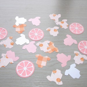 Little Cutie Baby Shower Orange Gingham, White and Pastel Orange Onesie Confetti 100 Cut Outs Cutie Baby Shower Orange slices