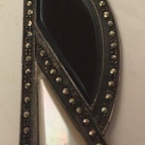 Vintage Art Deco Silver Brooch with Onyx, Mother of Pearl and Marcasite