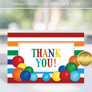 Thank You Cards | Bouncy Balls | Printable | 4x6 When Folded | Navy Red Blue Orange Green Yellow Balls | Primary Colors | INSTANT DOWNLOAD