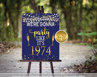 50th Birthday | Party Like it's 1974 | 16x20 Sign Printable | Anniversary | Garland Lights | Navy Gold Confetti | DIGITAL INSTANT DOWNLOAD