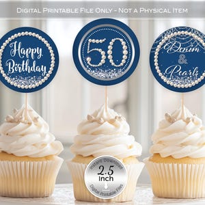 Round Cupcake Toppers | Denim and Pearls | 50th Birthday | 2.5 inches | Silver Confetti | Digital INSTANT DOWNLOAD