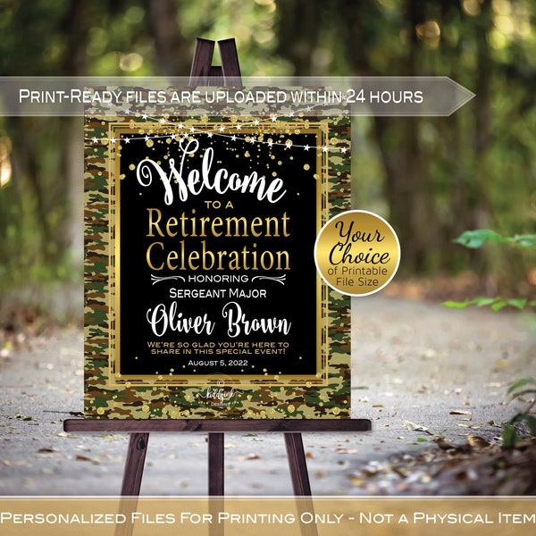 Retirement Celebration Party Welcome Sign Printable | Military Camo | Gold Black and Stars | Personalized | DIGITAL PRINTABLE FILES