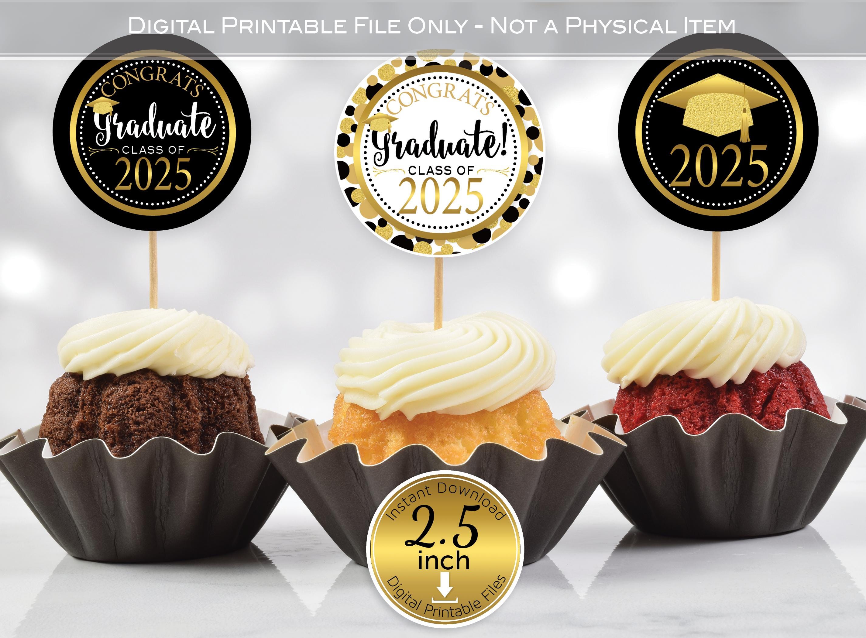 Graduation Cupcake Toppers 2025 - 48PCS Glitter Congrats Grad Decor - Black Gold Class Of 2025 Party Supplies