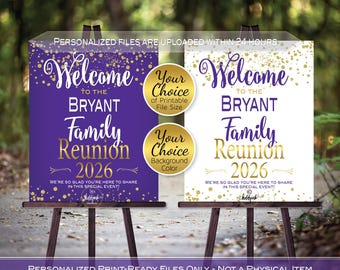 Family Reunion Personalized Welcome Sign Printable Files | Gold Confetti on White or Purple | Any Year | DIGITAL DOWNLOAD
