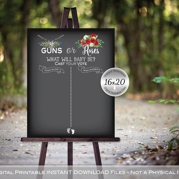 Guns or Roses Gender Reveal 16x20 Printable Cast Your Vote for Boy or Girl Sign | Gray White | Red White Roses | DIGITAL INSTANT DOWNLOAD