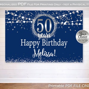 Birthday Backdrop Banner Printable Files | Silver on Navy | Man or Woman's 30th 40th 50th 60th 70th Any Age Birthday | Digital PDF FILE