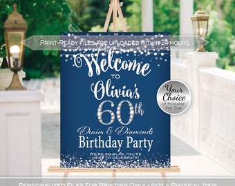 Denim and Diamonds Birthday Welcome Sign Printables | Navy Silver | 40th 50th 60th | Any Age | Personalized | DIGITAL PRINTABLE FILES