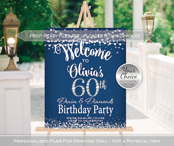 Denim and Diamonds Birthday Welcome Sign for Any Age | Navy, Silver (Digital Print-Ready Files)
