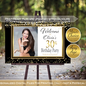 Birthday Welcome Sign | Garland Lights Gold Confetti on Black | Landscape With Photo | Any Age | Personalized | PRINTABLE DIGITAL File