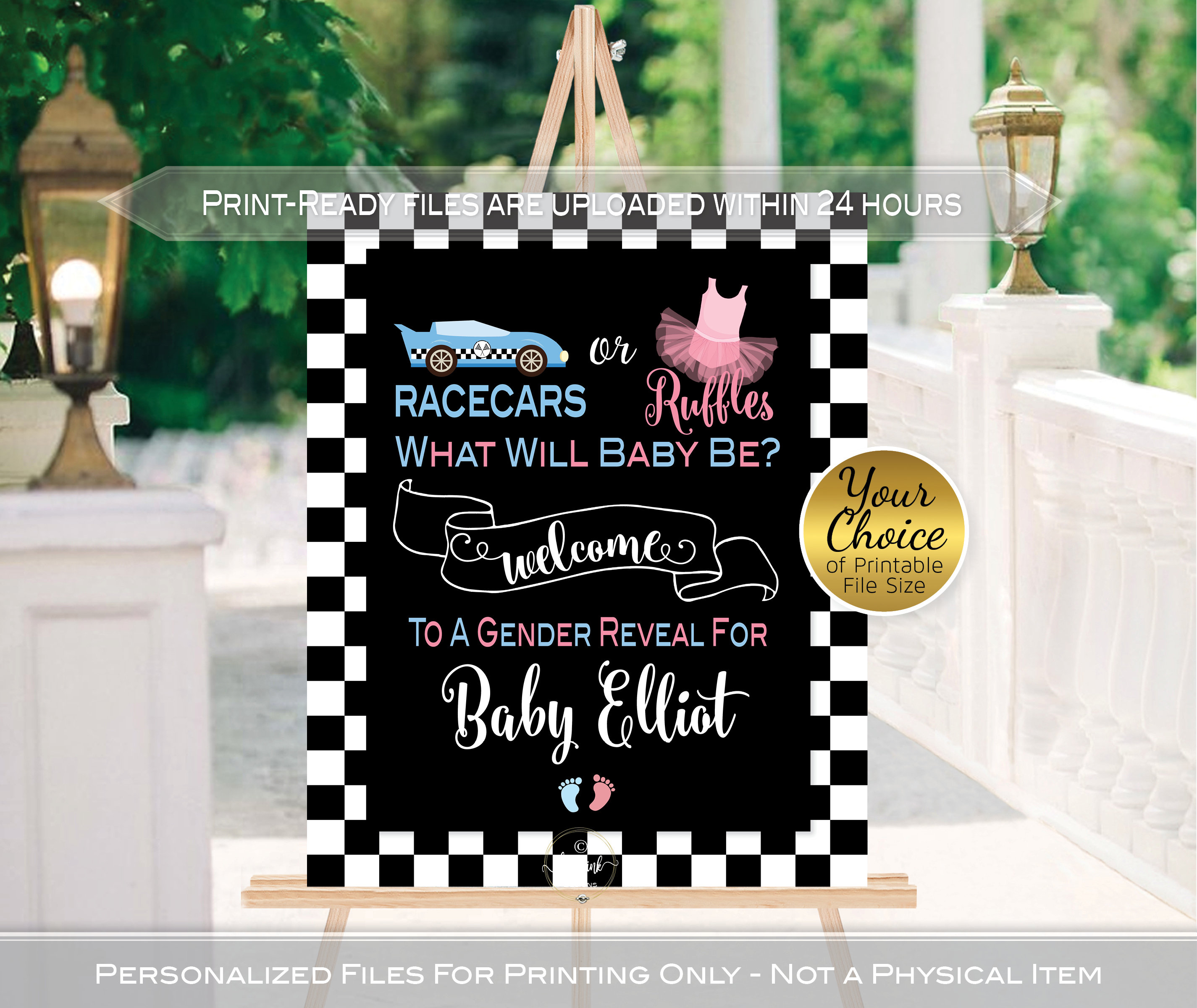 Racecars or Ruffles Gender Reveal Welcome Sign Personalized Printable ...