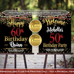 Happy Birthday Welcome Sign Printables | Red Gold Black | Woman&#39;s 40th 50th 60th Any Age Birthday | Personalized | DIGITAL PRINTABLE FILES