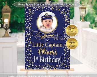 Nautical Little Captain's Birthday Welcome Sign Printable with Photo | Navy Blue and Gold | Any Age | Personalized (Digital Download)