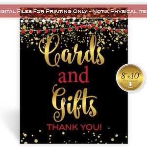 Cards and Gifts 8x10 Printable Sign | Red Black Gold Confetti and Garland | Birthday | Anniversary | Wedding | Digital INSTANT DOWNLOAD