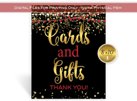 Cards and Gifts 8x10 Printable Sign | Red Black Gold Confetti and Garland | Birthday | Anniversary | Wedding | Digital INSTANT DOWNLOAD