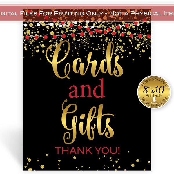 Cards and Gifts 8x10 Printable Sign | Red Black Gold Confetti and Garland | Birthday | Anniversary | Wedding | Digital INSTANT DOWNLOAD