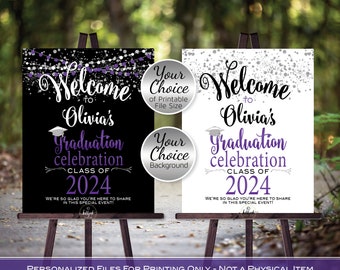 Graduation Celebration Party Personalized Welcome Sign Printable | Purple Black | Silver Confetti | Class of 2024 | DIGITAL PRINTABLE FILES