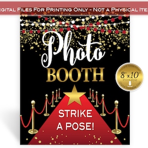 Photo Booth 8x10 Printable Birthday Table Sign | Strike a Pose | Red Carpet | Hollywood | Gold Confetti | Garland | Digital INSTANT DOWNLOAD