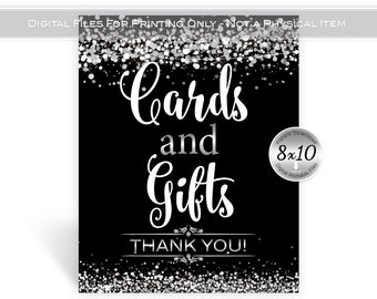 Cards and Gifts Table Sign Printable | 8x10 | Faux Silver Confetti and Garland | Birthday | Anniversary | Digital INSTANT DOWNLOAD