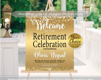 Retirement Celebration Party Welcome Sign Printable | Garland Lights and Gold Confetti on Gold Foil | Personalized | DIGITAL PRINTABLE FILES