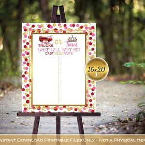 Fire Trucks or Tiaras Cast Your Vote Gender Reveal 16x20 Printable | Valentine Pink Red Gold Dot Confetti | DIGITAL INSTANT DOWNLOAD