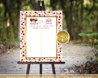 Könnte beinhalten: Ein druckbares Gender-Reveal-Schild mit einem roten Feuerwehrauto und einer rosafarbenen Tiara. Das Schild hat einen goldenen Konfetti-Hintergrund und den Text "Feuerwehrwagen oder Tiaras Was wird das Baby sein? Gib deine Stimme ab". Das Schild ist 40,64 x 50,8 cm groß.