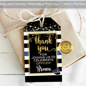 Police Officer Party Thank You Favor Tags | Personalized | 2x3.5 | Black White Stripes | Blue Line | Gold Confetti | DIGITAL PRINTABLE FILES
