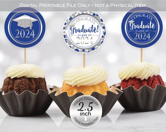 Round Cupcake Toppers | 2024 Graduation | 2.5 inches | Royal Blue | Faux Silver Glitter | Congrats Graduate | Digital INSTANT DOWNLOAD