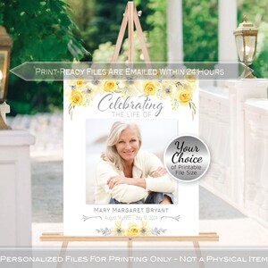 Celebration of Life Funeral Welcome Sign Printable with Photo | Yellow Cream Flowers | In Memory of | Personalized | PRINTABLE DIGITAL File