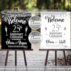 Anniversary Welcome Sign Printables | 25th or Any Anniversary | Garland Lights | Silver Confetti | Personalized | DIGITAL PRINTABLE FILES